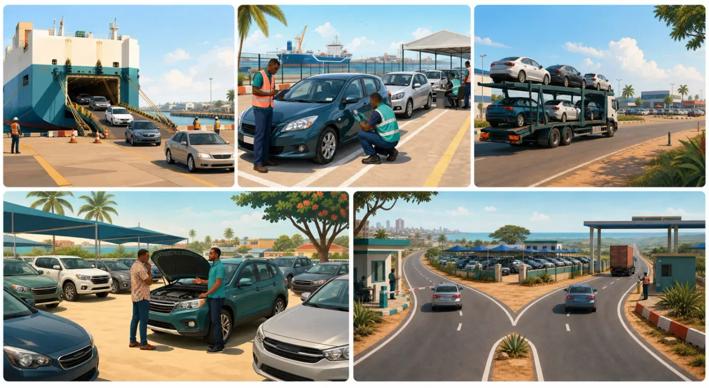 The five stages of a vehicle’s journey from the ship to a sales park