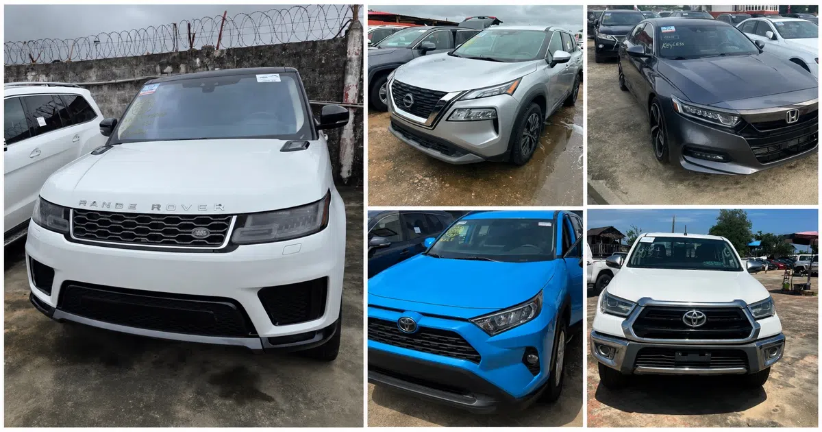 Collage of used vehicles offered in a vehicle sales park in Cotonou