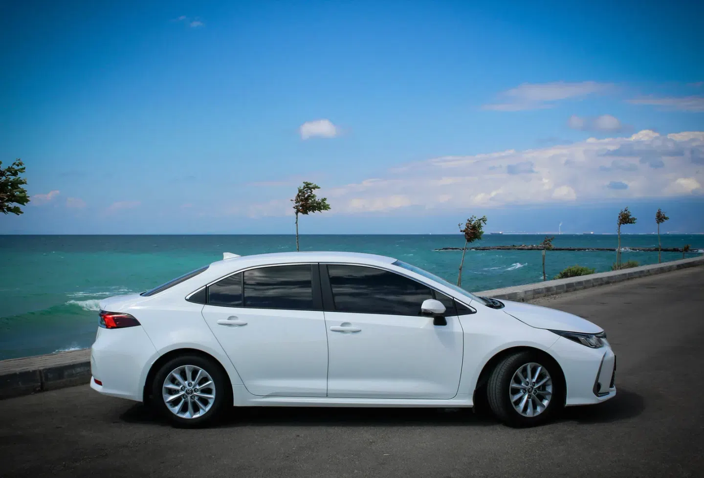 Toyota Corolla blanche vue de profil au bord de la mer
